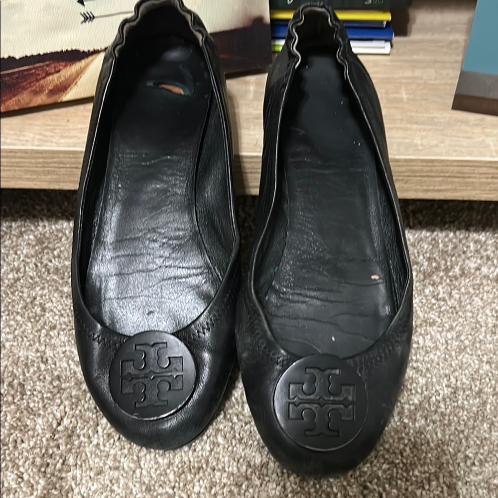 Tory Burch Black Flats with Medallion Logo